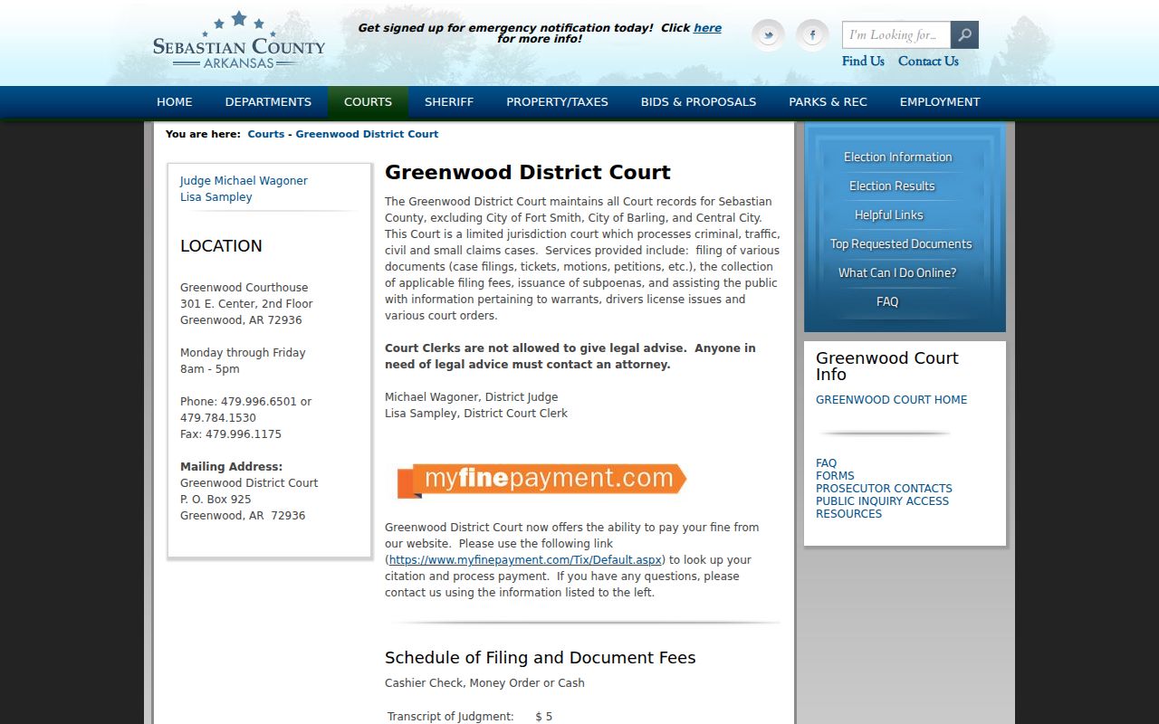 Sebastian County civil docket and Greenwood District Court fee schedule