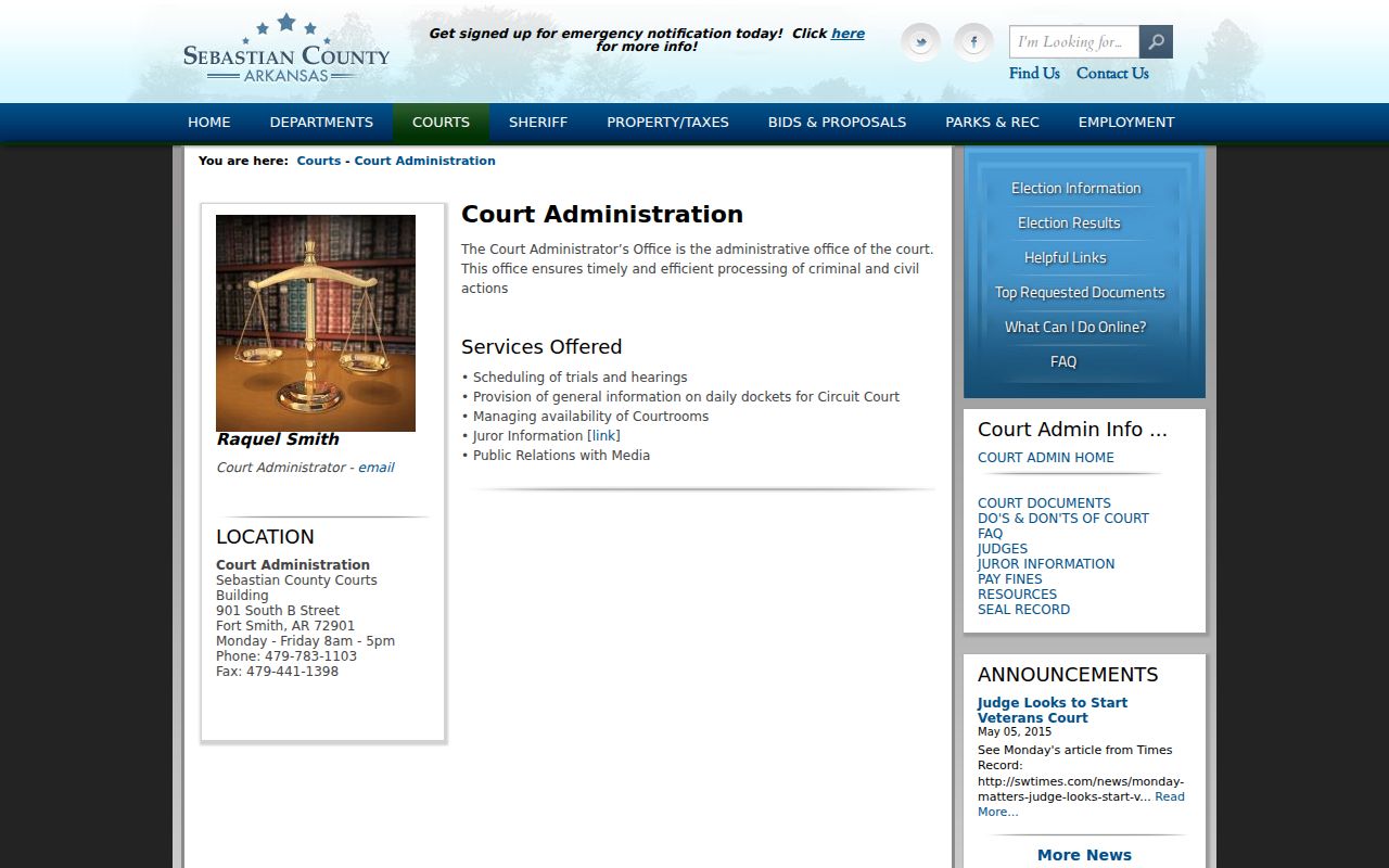 Sebastian County court calendar and Court Administration contact page
